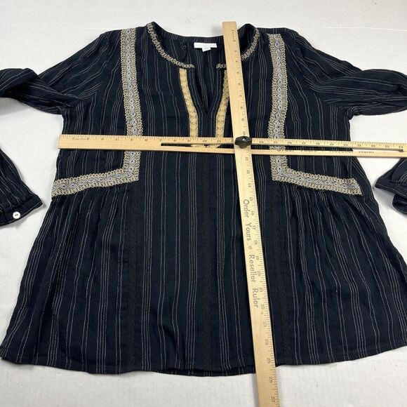 J.Jill Blouse Striped Embroidered Crochet Trim Shirt Long Sleeve V-Neck MEDIUM - Picture 5 of 10